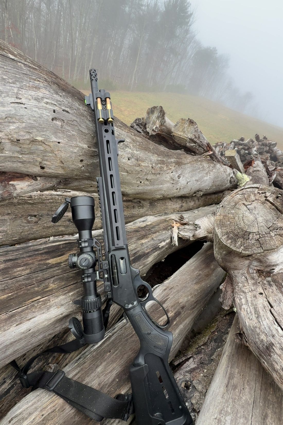 A scoped Marlin lever-action rifle standing against a stack of weathered felled logs, with a fog-covered pasture and treeline behind.